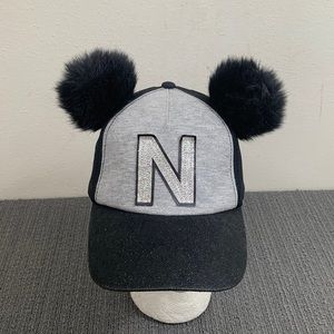 Justice Baseball Hat with Pom Poms Girls OS Gray Black Glitter Brim N Faux Fur